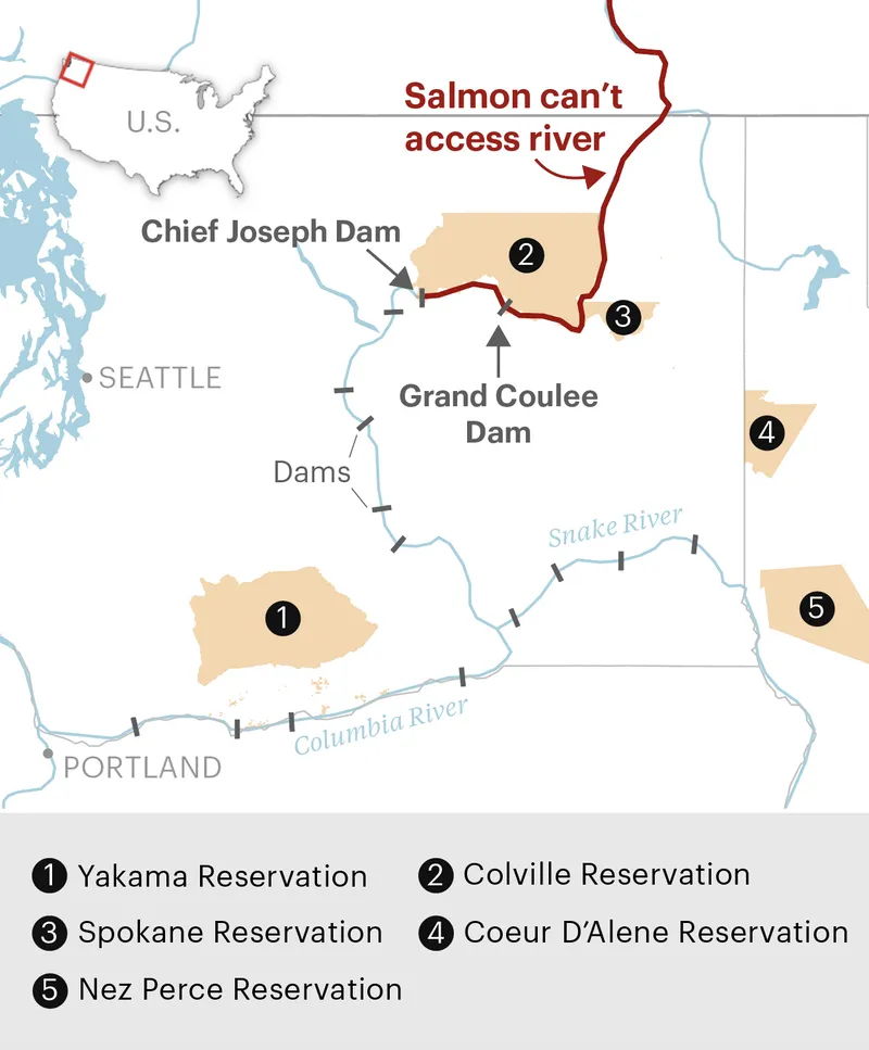 A map shows over a dozen dams along the Columbia River and Snake River in the U.S. Northwest. The Yakama, Colville, Spokane, Coeur D’Alene and Nez Perce reservations are annotated. A red line indicates part of the Columbia River northeast of the Grand Coulee Dam that salmon cannot access.