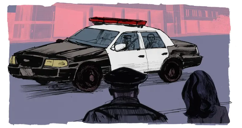 Illustration of a police car with an officer looking on.