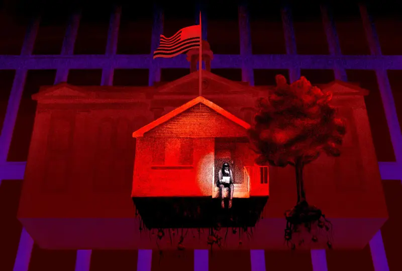 An illustration of a person sitting on the front steps of a one-story home, superimposed over an Arkansas court building.