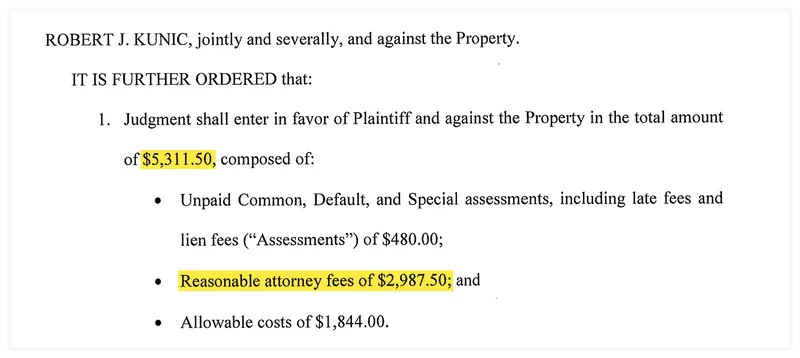A scan of a court document highlighting the total amount owed, $5,311.50, and the portion that's for attorney fees, $2,987.50