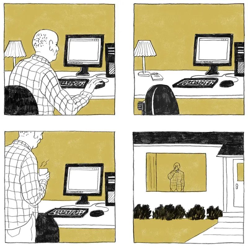Un hombre hace clic con el ratón de su computadora; luego bebe café mientras espera.