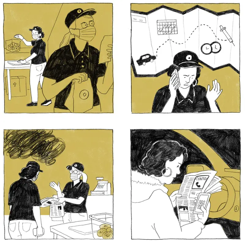 Se mira a una mujer que trabaja en una tienda de donas con un mapa que muestra la distancia en coche, ella mira su teléfono frustrada mientras sostiene el periódico en la mano.