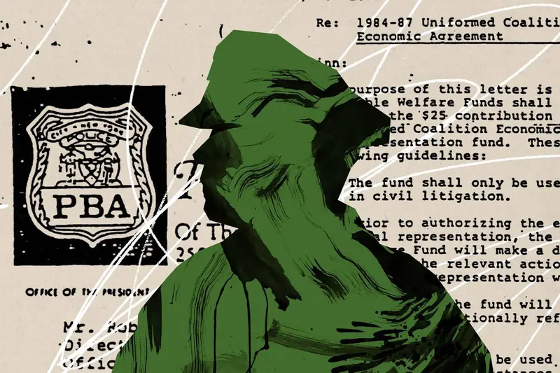 A green silhouette of a police officer in front of a typewritten document with the Police Benevolent Association logo.