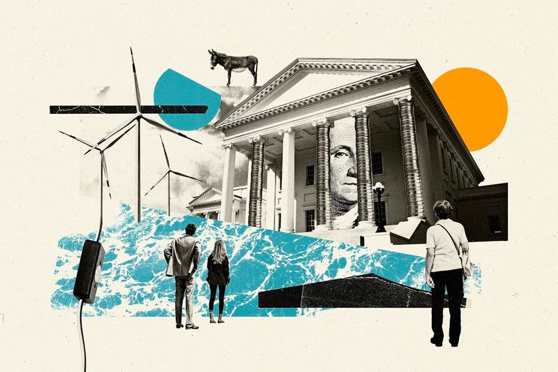 Several people look at a government building with coins for pillars, alongside wind turbines and a power cord.