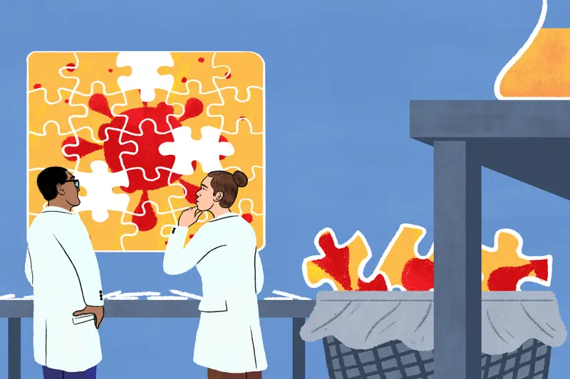 Two people in lab coats pondering an incomplete puzzle featuring an outline of a virus. Behind them, the missing puzzle pieces are in a wastebasket.