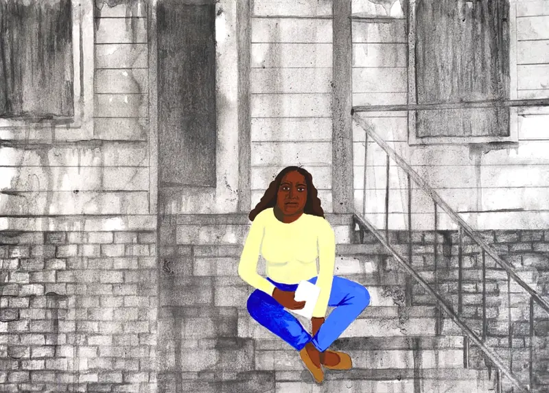 An illustration of a Black woman sitting on her stoop, clutching a piece of paper.