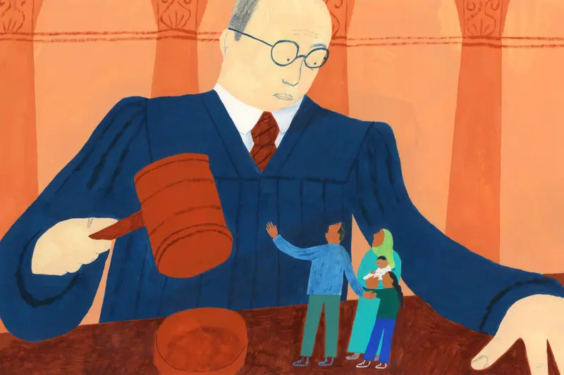An illustration of a larger-than-life judge holding a gavel over a small family.