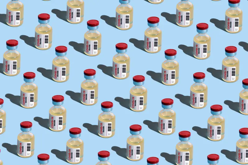 A grid of COVID-19 vaccine bottles.