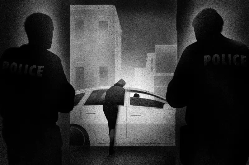 A black-and-white illustration of two police officers watching a woman lean over a car.