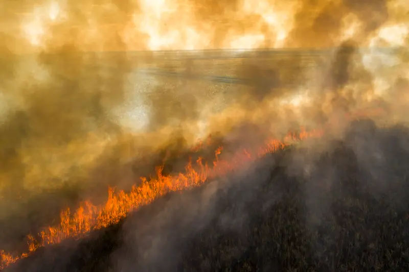 A line of fire cuts across a field. The whole image is heavily obscured by smoke.