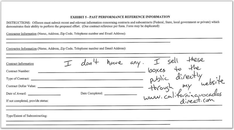 Screenshot of the reference section of an application where someone has handwritten, "I don't have any. I sell these boxes to the public directly through my website."