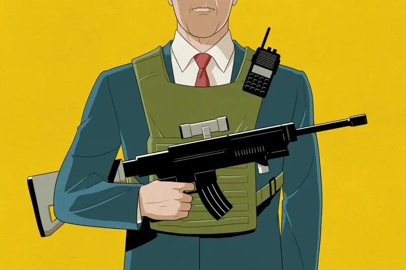 An illustration of a man's torso wearing a business suit and a flak vest, and carrying a large gun.