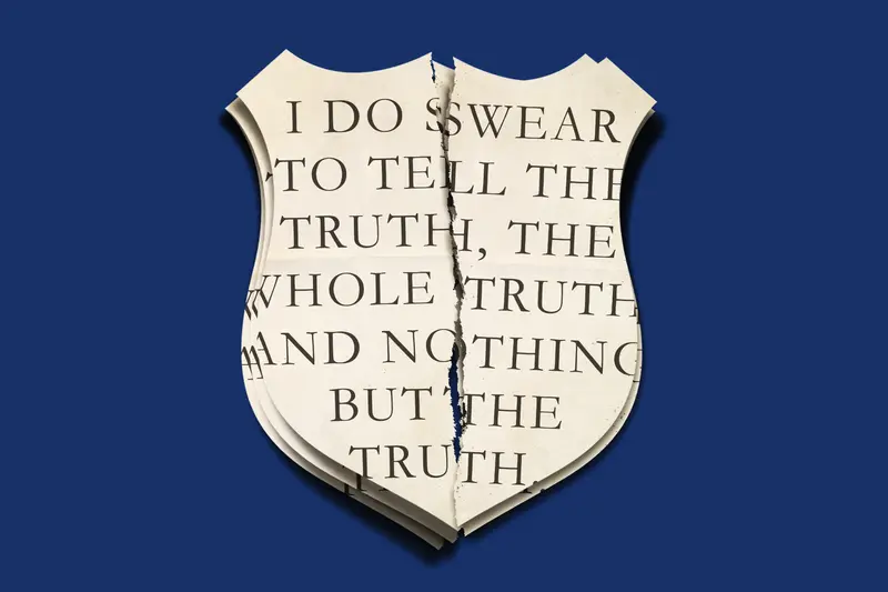 A torn piece of paper in the shape of a police badge. Written on the paper is, "I do swear to tell the truth, the whole truth and nothing but the truth."