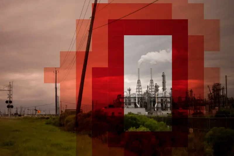 A factory with smokestacks superimposed by a red pixelated grid framing the facility.