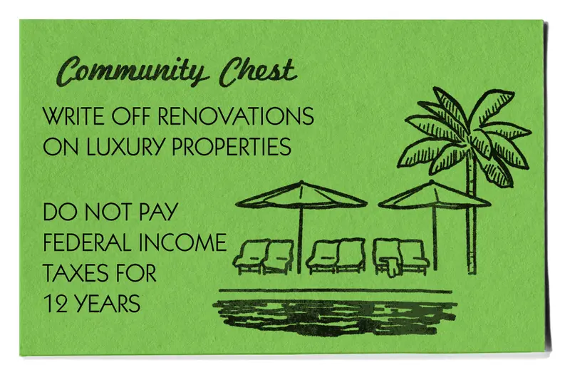 A mock Monopoly card that says, "Community Chest: Write off renovations on luxury properties, do not pay federal income taxes for 12 years."