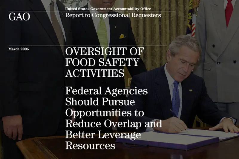 President George W. Bush at a desk. Overlaid are words from a GAO report saying agencies "should pursue opportunities to reduce overlap."