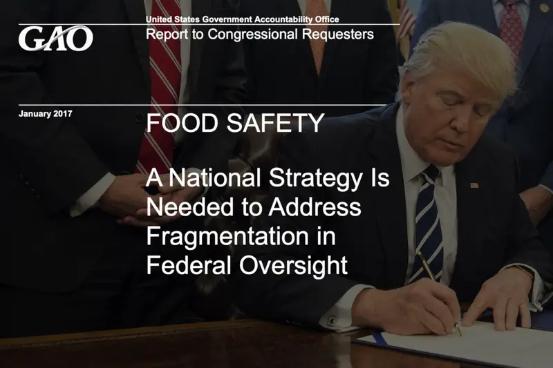 President Donald Trump signing a document. Overlaid are words from a GAO report calling for a "national strategy" to improve oversight.
