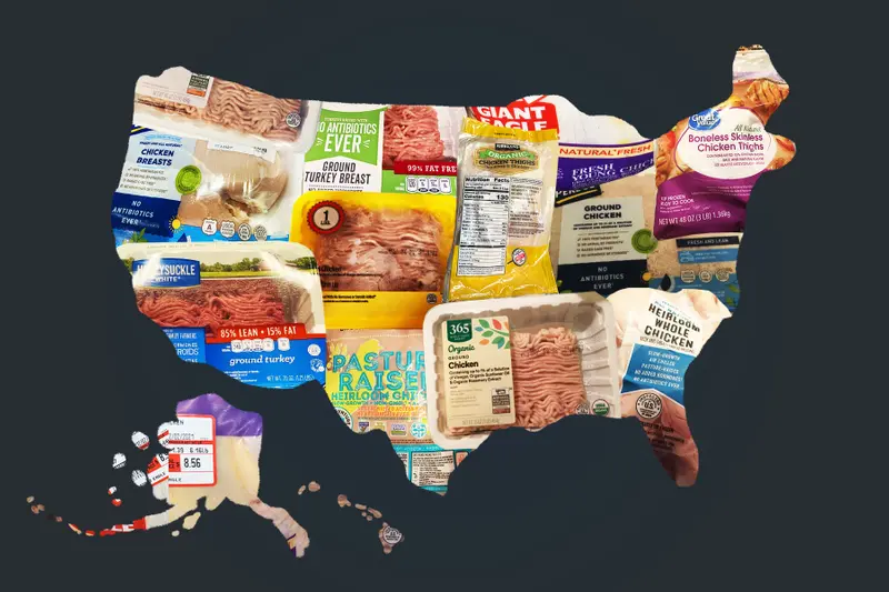 An outline of the U.S. that's filled with a collage of photos of packaged poultry.