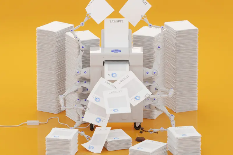 A fax machine surrounded by stacks of paper. The machine has several robot arms holding pieces of paper that say "lawsuit."