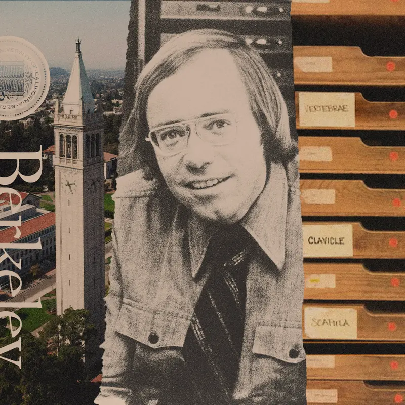 Collage of the UC Berkeley campanile, a man in a 1970s jacket and tie, and a set of drawers with labels including "vertebrae," "clavicle" and "scapula."