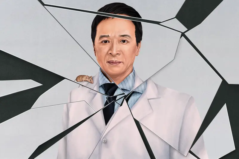 An illustration of an Asian man, Joe Z. Tsien, in a lab coat with a mouse on his shoulder. The image is fractured like broken glass.