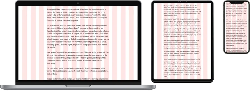 A laptop displaying a 14-column article layout grid, a tablet displaying an eight-column article layout grid, and a smartphone displaying a four-column article-layout grid