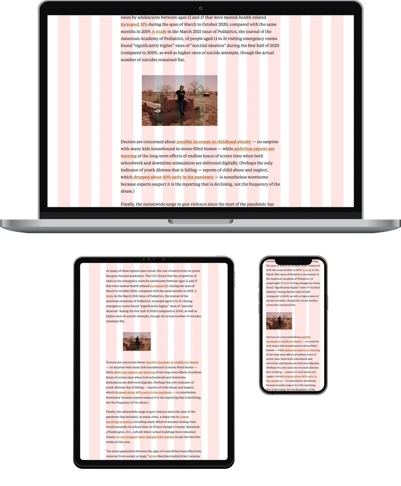 A laptop, tablet and smartphone, each displaying an indented image on an article layout grid