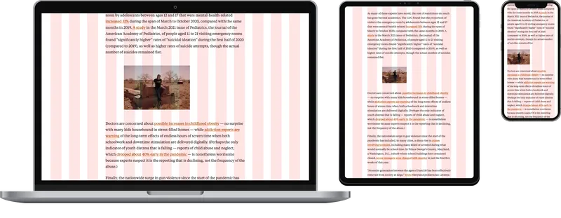 A laptop, tablet and smartphone, each displaying an indented image on an article layout grid