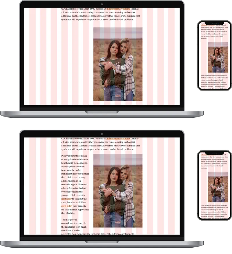 Two sets of a laptop and smartphone. The first shows an image with article text above and below it. The second shows the same image with article text wrapping around it.