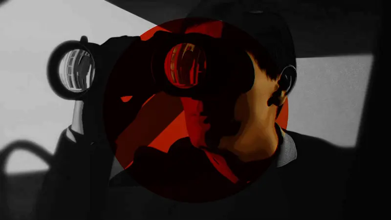 An illustration of someone peering out of the shadowy interior of a car using large binoculars.