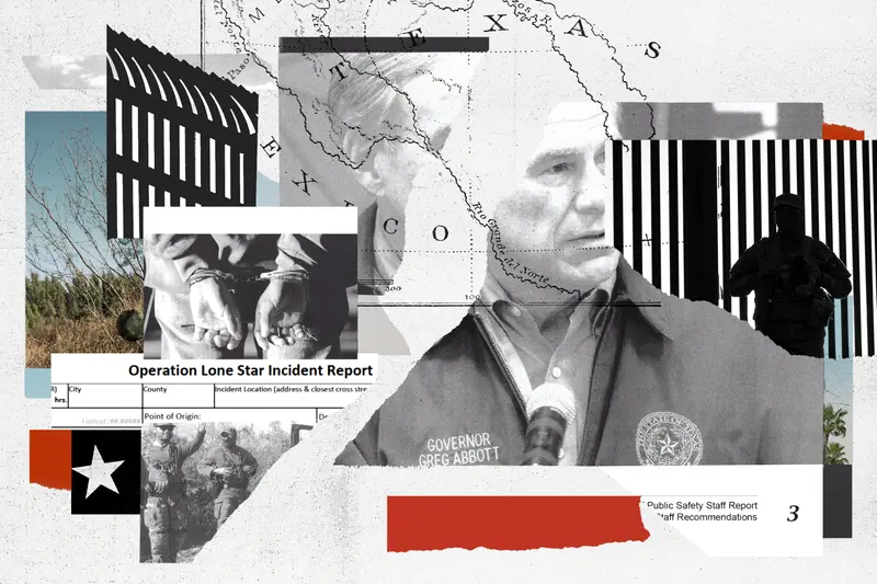 A photo collage of Gov. Abbot, a map of the Texas-Mexico border, images of the border fence, a handcuffed pair of hands and Operation Lone Star paperwork.
