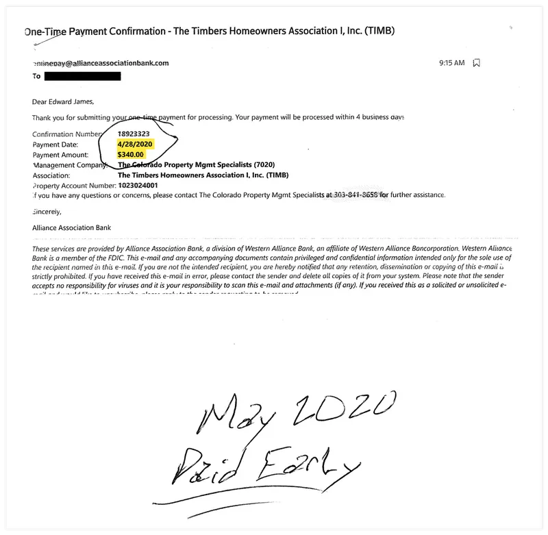 Top image says James did not pay $340 by May 1, while bottom image shows a $340 payment made April 28.