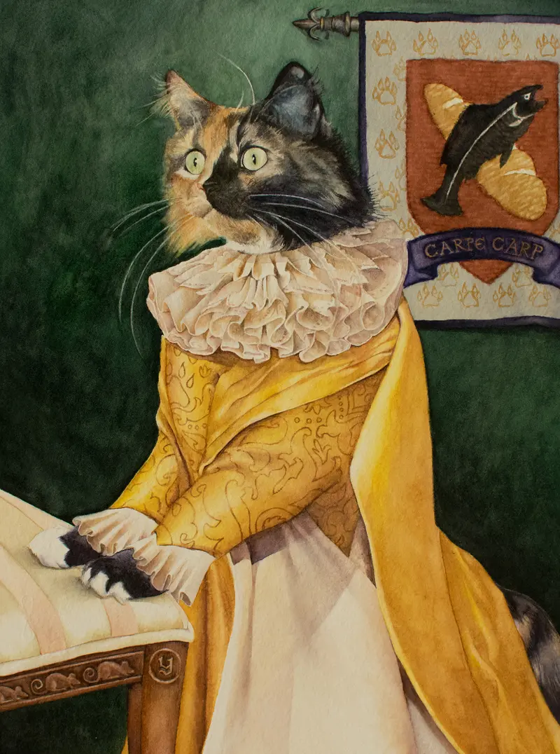 Watercolor of a cat in a dress, with a coat of arms in the background featuring a fish and a loaf of bread.