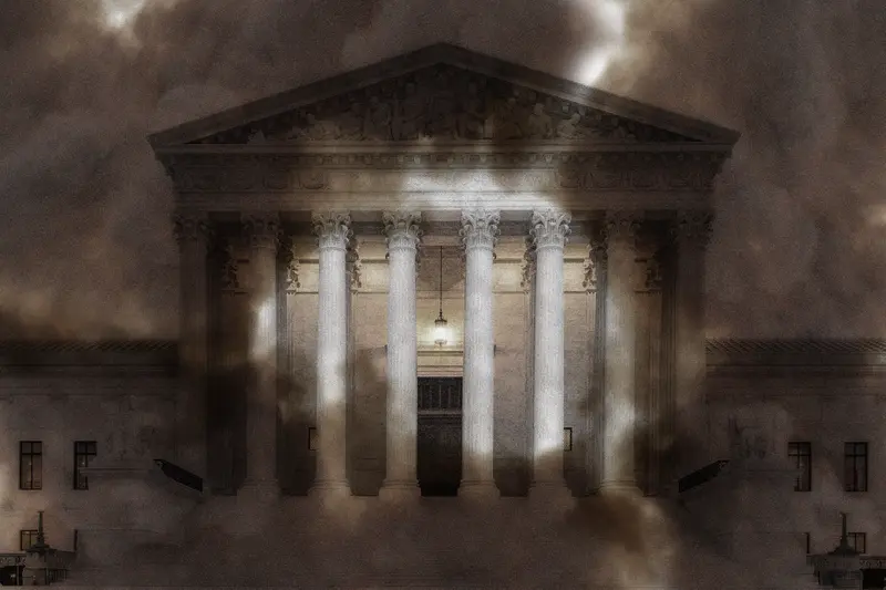 The Supreme Court building with dark clouds superimposed over it.