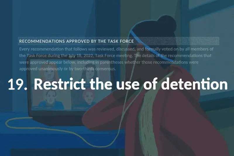 An illustration of a Black girl, her face turned away from the viewer, looking at a laptop. Overlaid text says "19. Restrict the use of detention."