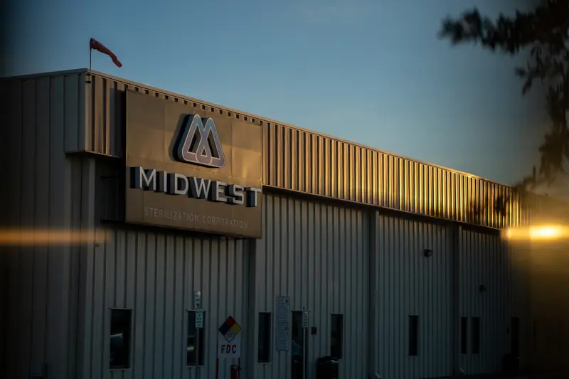 A building with letters reading "MIDWEST"
