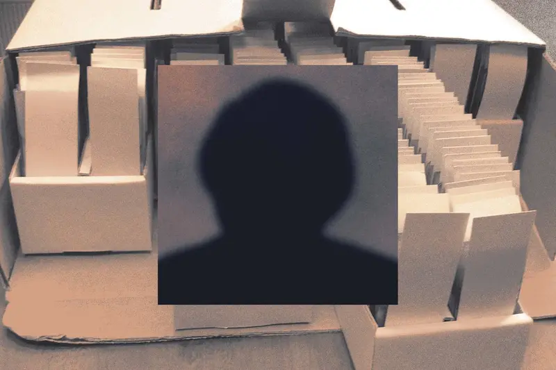 A head-and-shoulders silhouette superimposed over white cardboard boxes filled with white paper slips or envelopes.