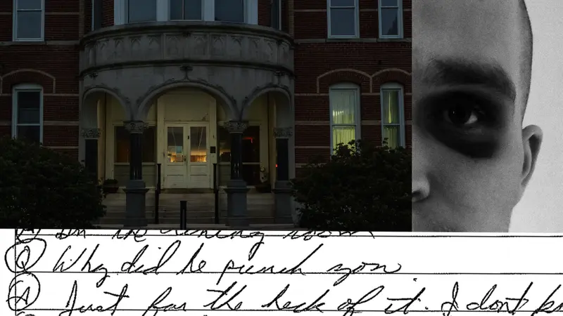 A collage of a brick building with white stone arches framing the door, part of a face with a dark shadow all around the eye, a handwritten note saying "Q: Why did he punch you? A: Just for the heck of it."