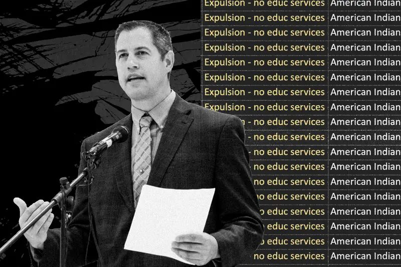 Collage of a man in a suit speaking before a microphone and a series of spreadsheet entries reading "Explusion - no educ services | American Indian"