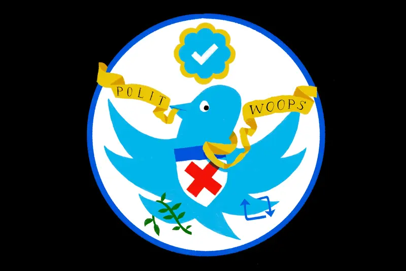 A blue cartoon bird holding an olive branch and a "retweet" arrow, with a ribbon in its beak reading "POLITWOOPS."