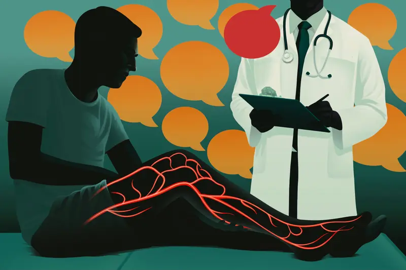 An illustration of a man on an exam table with all the arteries in his leg glowing red, while a doctor stands nearby.