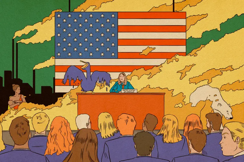 An illustration of a white woman sitting behind a desk in front of the U.S. flag. Orange smoke or flames surround her, a pelican, a polar bear and a breastfeeding parent.