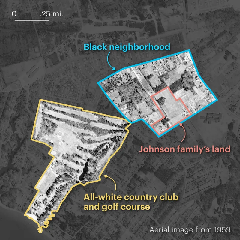 A map of a southeastern portion of Newport News, Virginia, shows an aerial image from 1959. A large golf course is outlined in yellow with the label "All-white country club and golf course." Slightly northeast, a section of land is outlined in blue with the label “Black neighborhood.” Within the blue area is a smaller area, outlined in red, with the label “Johnson family’s land.”