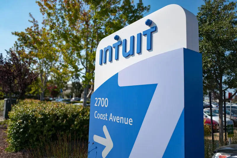 Signage reading "Intuit, 2700 Coast Avenue" with an arrow, at the company's headquarters in Mountain View, California