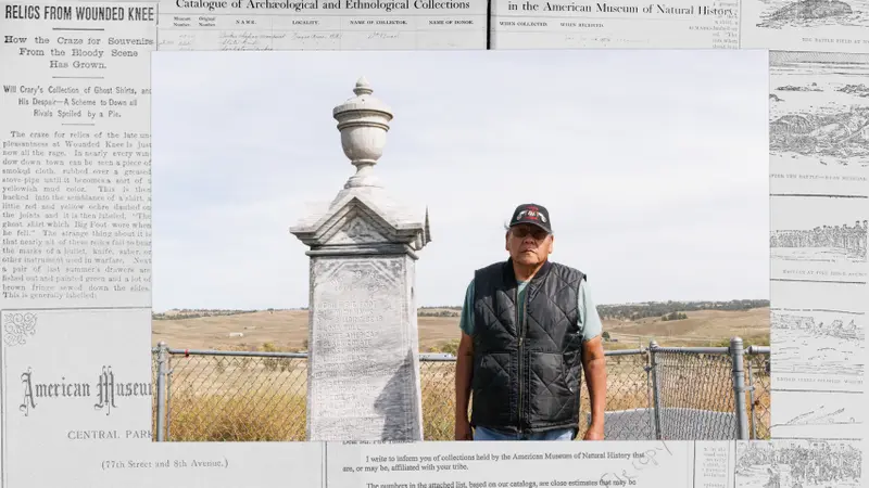 A photo of a Native American man in a padded vest and a baseball cap reading “Native Marine,” standing alongside a stone memorial marker, set against a background of 19th-century news articles about Wounded Knee.