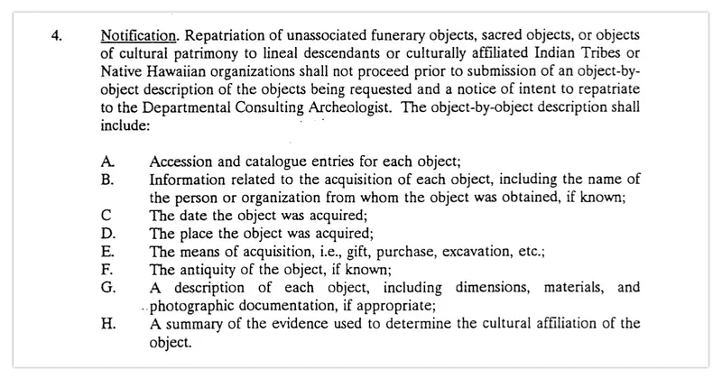 An excerpt from a document listing eight things that must be included in descriptions of objects subject to repatriation.