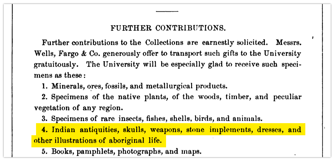 Highlighted section reads: "Indian antiquities, skulls, weapons, stone implements, dresses, and other illustrations of aboriginal life.