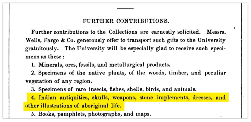 Highlighted section reads: "Indian antiquities, skulls, weapons, stone implements, dresses, and other illustrations of aboriginal life.