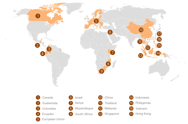 A world map shows the following jurisdictions highlighted in orange: Canada, Guatemala, Colombia, Ecuador, European Union, Israel, Kenya, Mozambique, South Africa, China, Thailand, Malaysia, Singapore, Indonesia, Philippines, Vietnam, Hong Kong