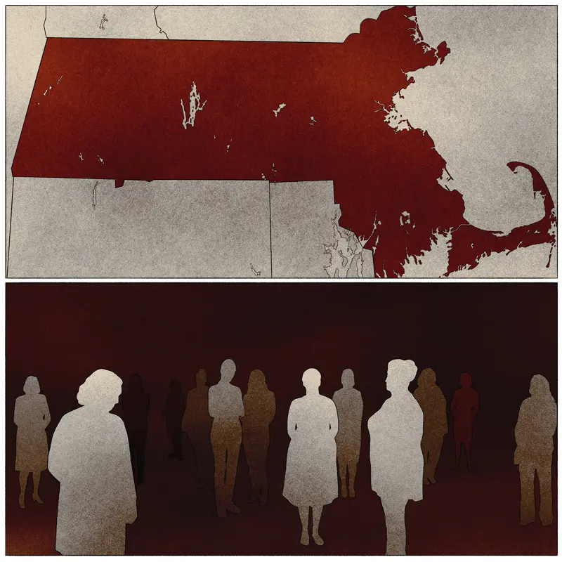 A map of the state of Massachusetts in red and, below that, anonymous silhouettes of people.